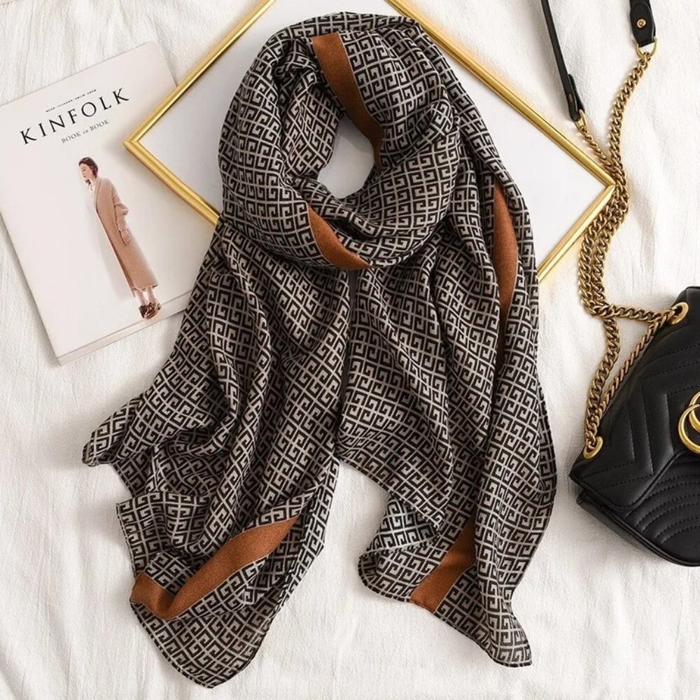 NEW Geometric Patterned Shaw Wrap Black White Brown Accents